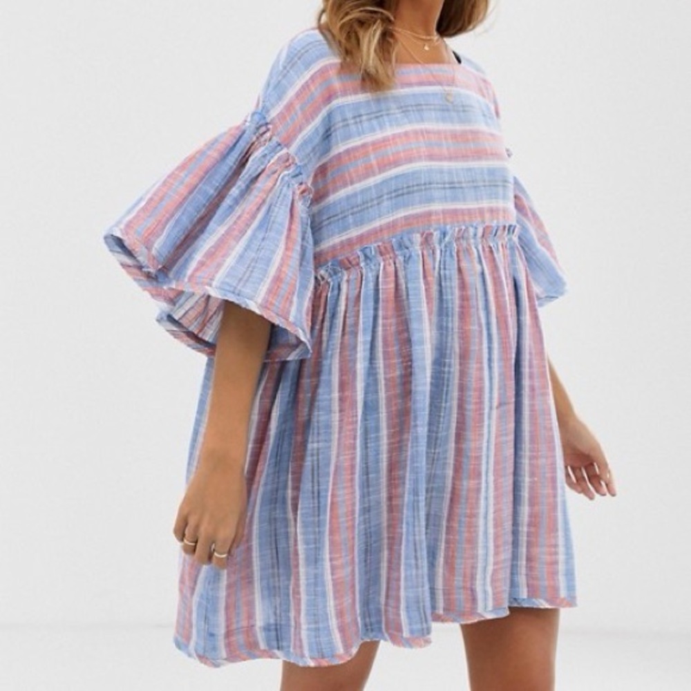 Free People "Summer Nights" Raw Hem Tattered Stripe Babydoll Tunic or Dress Sz M